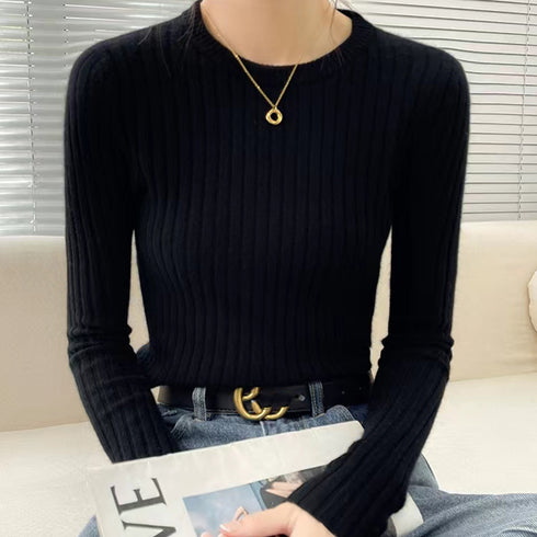 リブニットトップス 長袖リブカットソー クルーネック ニットカットソー ベーシック 薄手ニット 着回し ニットプルオーバー 柔らかい ニットインナー 無地全9色 2YTONG-014