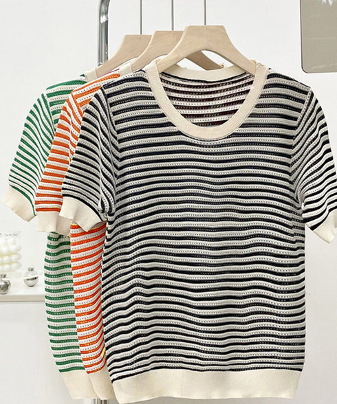 ボーダー柄サマーニットトップス 半袖春夏 レディース ニットソー 配色 クルーネック 薄手ニットTシャツ 着やせトップス 大人カジュアル 韓国プルオーバーおしゃれ 2YTONG-018