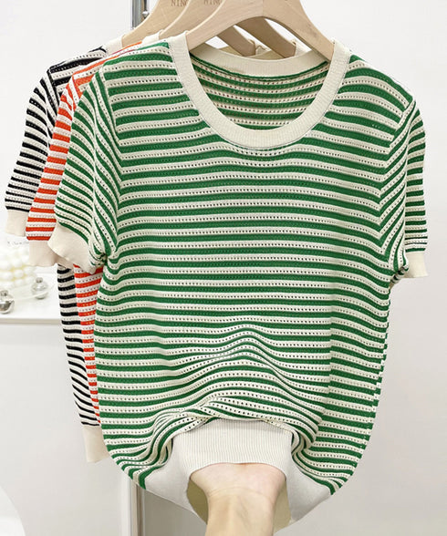 ボーダー柄サマーニットトップス 半袖春夏 レディース ニットソー 配色 クルーネック 薄手ニットTシャツ 着やせトップス 大人カジュアル 韓国プルオーバーおしゃれ 2YTONG-018