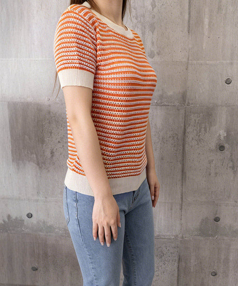 ボーダー柄サマーニットトップス 半袖春夏 レディース ニットソー 配色 クルーネック 薄手ニットTシャツ 着やせトップス 大人カジュアル 韓国プルオーバーおしゃれ 2YTONG-018