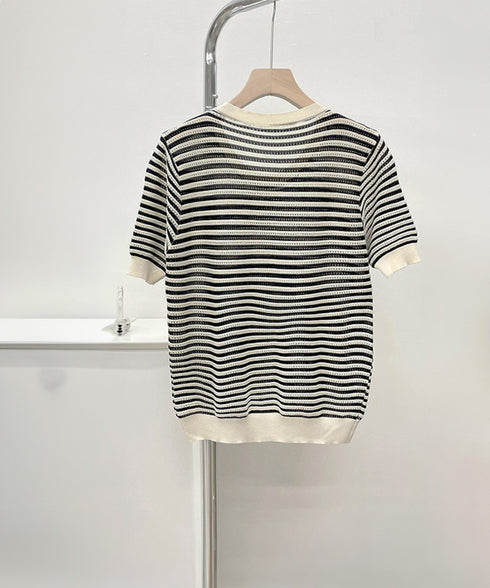 ボーダー柄サマーニットトップス 半袖春夏 レディース ニットソー 配色 クルーネック 薄手ニットTシャツ 着やせトップス 大人カジュアル 韓国プルオーバーおしゃれ 2YTONG-018