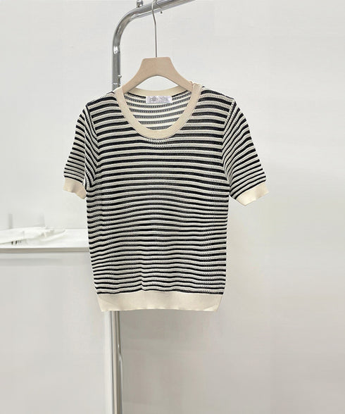ボーダー柄サマーニットトップス 半袖春夏 レディース ニットソー 配色 クルーネック 薄手ニットTシャツ 着やせトップス 大人カジュアル 韓国プルオーバーおしゃれ 2YTONG-018