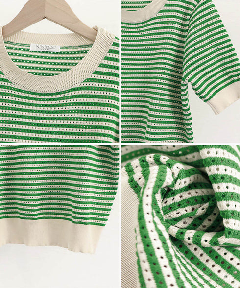ボーダー柄サマーニットトップス 半袖春夏 レディース ニットソー 配色 クルーネック 薄手ニットTシャツ 着やせトップス 大人カジュアル 韓国プルオーバーおしゃれ 2YTONG-018