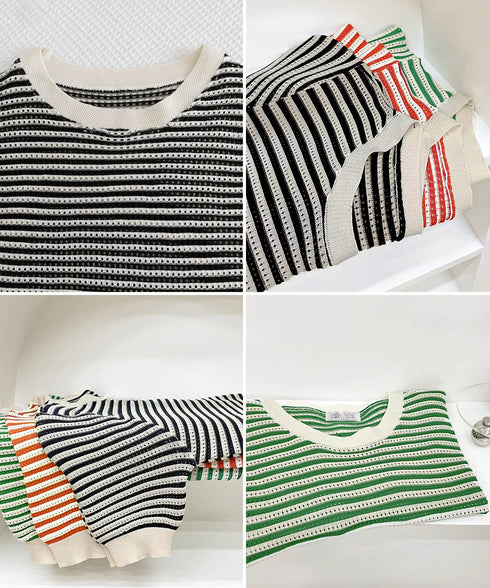 ボーダー柄サマーニットトップス 半袖春夏 レディース ニットソー 配色 クルーネック 薄手ニットTシャツ 着やせトップス 大人カジュアル 韓国プルオーバーおしゃれ 2YTONG-018