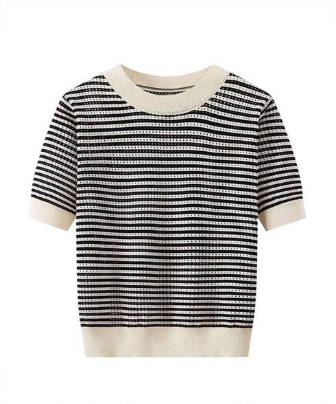 ボーダー柄サマーニットトップス 半袖春夏 レディース ニットソー 配色 クルーネック 薄手ニットTシャツ 着やせトップス 大人カジュアル 韓国プルオーバーおしゃれ 2YTONG-018