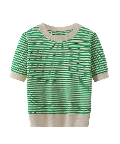 ボーダー柄サマーニットトップス 半袖春夏 レディース ニットソー 配色 クルーネック 薄手ニットTシャツ 着やせトップス 大人カジュアル 韓国プルオーバーおしゃれ 2YTONG-018