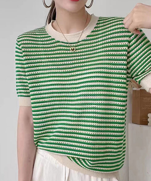 ボーダー柄サマーニットトップス 半袖春夏 レディース ニットソー 配色 クルーネック 薄手ニットTシャツ 着やせトップス 大人カジュアル 韓国プルオーバーおしゃれ 2YTONG-018