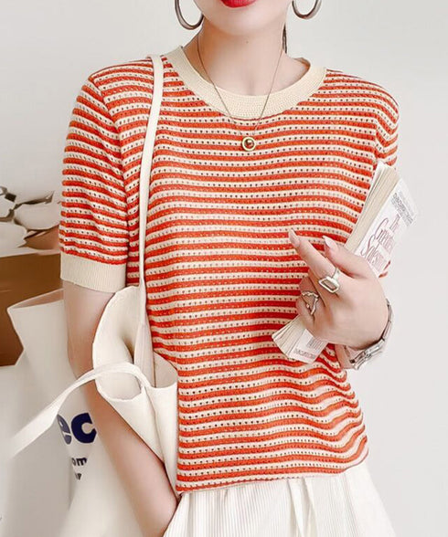 ボーダー柄サマーニットトップス 半袖春夏 レディース ニットソー 配色 クルーネック 薄手ニットTシャツ 着やせトップス 大人カジュアル 韓国プルオーバーおしゃれ 2YTONG-018