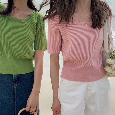 半袖 サマーニット レディースニットソー Uネック リブニットTシャツ 韓国カットソー 無地 ベーシック 夏トップス 柔らかい薄手 大人カジュアル着やせ 6色展開 2YTONG-020