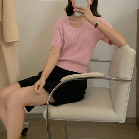 半袖 サマーニット レディースニットソー Uネック リブニットTシャツ 韓国カットソー 無地 ベーシック 夏トップス 柔らかい薄手 大人カジュアル着やせ 6色展開 2YTONG-020