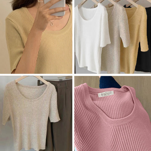 半袖 サマーニット レディースニットソー Uネック リブニットTシャツ 韓国カットソー 無地 ベーシック 夏トップス 柔らかい薄手 大人カジュアル着やせ 6色展開 2YTONG-020
