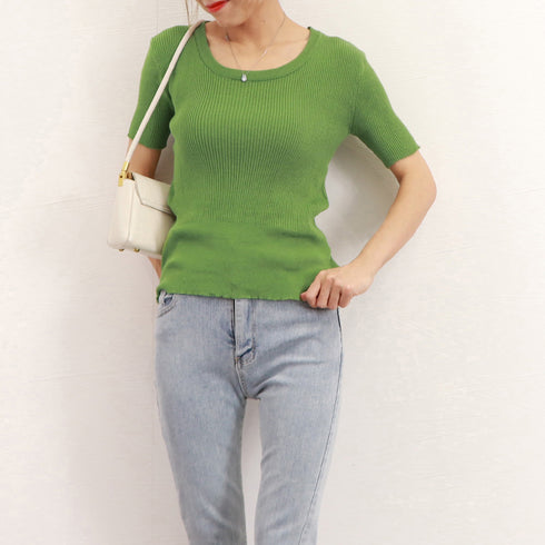 半袖 サマーニット レディースニットソー Uネック リブニットTシャツ 韓国カットソー 無地 ベーシック 夏トップス 柔らかい薄手 大人カジュアル着やせ 6色展開 2YTONG-020