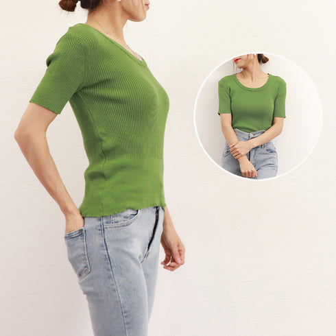半袖 サマーニット レディースニットソー Uネック リブニットTシャツ 韓国カットソー 無地 ベーシック 夏トップス 柔らかい薄手 大人カジュアル着やせ 6色展開 2YTONG-020