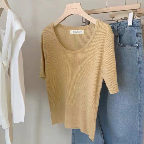 半袖 サマーニット レディースニットソー Uネック リブニットTシャツ 韓国カットソー 無地 ベーシック 夏トップス 柔らかい薄手 大人カジュアル着やせ 6色展開 2YTONG-020