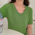 半袖 サマーニット レディースニットソー Uネック リブニットTシャツ 韓国カットソー 無地 ベーシック 夏トップス 柔らかい薄手 大人カジュアル着やせ 6色展開 2YTONG-020