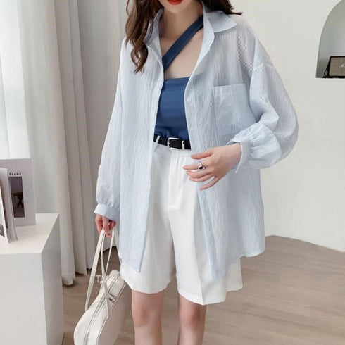 ストライプ ブラウス シアーシャツ 夏服 透け感シャツ ゆったり ブラウス長袖 レディース ドロップショルダー トップス 薄手ブラウス 着やせ サマーカーディガン 2YTONG-023