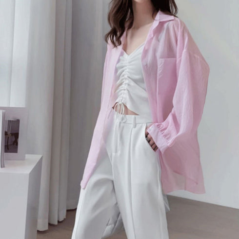 ストライプ ブラウス シアーシャツ 夏服 透け感シャツ ゆったり ブラウス長袖 レディース ドロップショルダー トップス 薄手ブラウス 着やせ サマーカーディガン 2YTONG-023