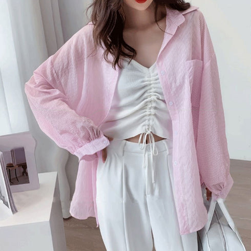 ストライプ ブラウス シアーシャツ 夏服 透け感シャツ ゆったり ブラウス長袖 レディース ドロップショルダー トップス 薄手ブラウス 着やせ サマーカーディガン 2YTONG-023