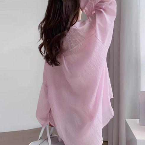 ストライプ ブラウス シアーシャツ 夏服 透け感シャツ ゆったり ブラウス長袖 レディース ドロップショルダー トップス 薄手ブラウス 着やせ サマーカーディガン 2YTONG-023