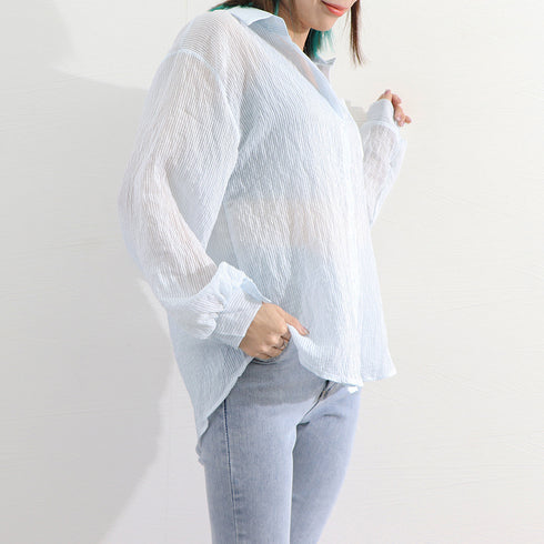 ストライプ ブラウス シアーシャツ 夏服 透け感シャツ ゆったり ブラウス長袖 レディース ドロップショルダー トップス 薄手ブラウス 着やせ サマーカーディガン 2YTONG-023