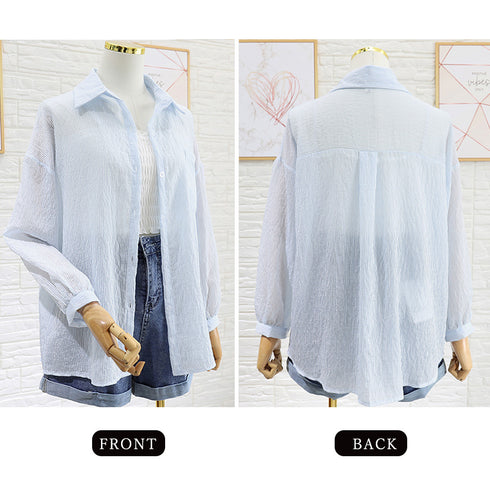 ストライプ ブラウス シアーシャツ 夏服 透け感シャツ ゆったり ブラウス長袖 レディース ドロップショルダー トップス 薄手ブラウス 着やせ サマーカーディガン 2YTONG-023