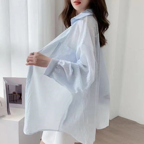 ストライプ ブラウス シアーシャツ 夏服 透け感シャツ ゆったり ブラウス長袖 レディース ドロップショルダー トップス 薄手ブラウス 着やせ サマーカーディガン 2YTONG-023