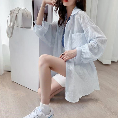 ストライプ ブラウス シアーシャツ 夏服 透け感シャツ ゆったり ブラウス長袖 レディース ドロップショルダー トップス 薄手ブラウス 着やせ サマーカーディガン 2YTONG-023