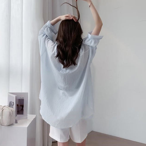 ストライプ ブラウス シアーシャツ 夏服 透け感シャツ ゆったり ブラウス長袖 レディース ドロップショルダー トップス 薄手ブラウス 着やせ サマーカーディガン 2YTONG-023