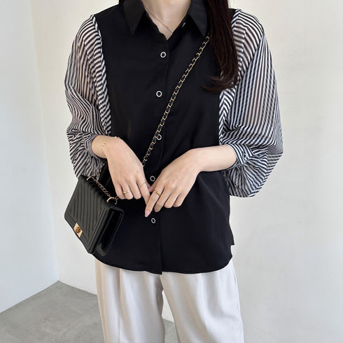 シャツブラウス 長袖 レディース 春夏秋 ゆったり ストライプ柄 ブラウス 袖切り替え オフィスカジュアル トップス 大人女性 おしゃれ ブラウス着やせ 通勤大人 2YTONG-024