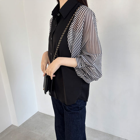 シャツブラウス 長袖 レディース 春夏秋 ゆったり ストライプ柄 ブラウス 袖切り替え オフィスカジュアル トップス 大人女性 おしゃれ ブラウス着やせ 通勤大人 2YTONG-024