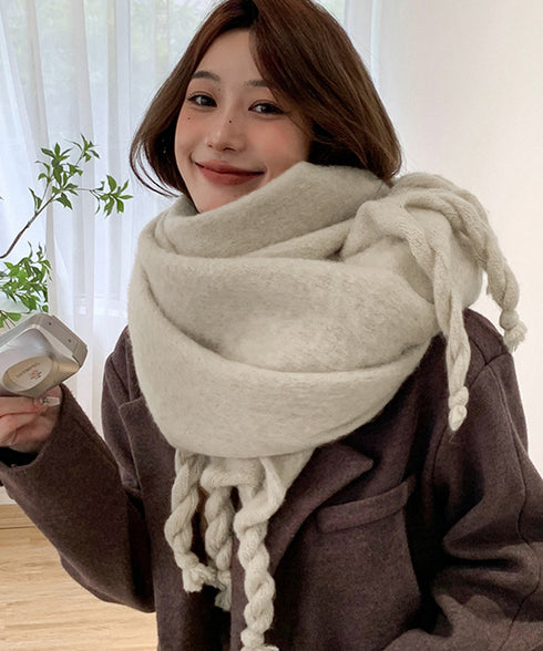 ボリュームマフラー大判 ツイストフリンジ 韓国ワイドフリンジマフラー レディース カシミヤタッチストール秋冬 ウール風ショール 無地暖かいふわふわ ニットマフラー 2YUEQIAO-002