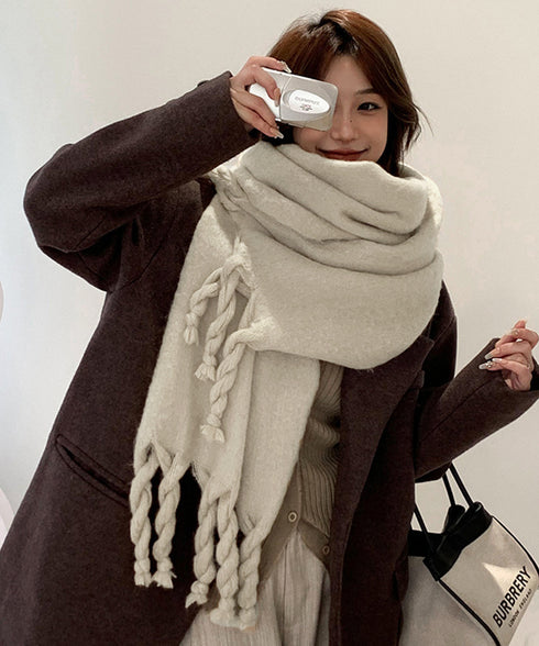 ボリュームマフラー大判 ツイストフリンジ 韓国ワイドフリンジマフラー レディース カシミヤタッチストール秋冬 ウール風ショール 無地暖かいふわふわ ニットマフラー 2YUEQIAO-002
