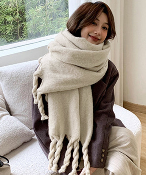 ボリュームマフラー大判 ツイストフリンジ 韓国ワイドフリンジマフラー レディース カシミヤタッチストール秋冬 ウール風ショール 無地暖かいふわふわ ニットマフラー 2YUEQIAO-002