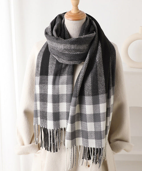 チェック柄マフラーレディース大判ストール 暖かいカシミヤ風マフラー リバーシブルフリンジマフラー大人可愛い ストライプ柄ひざ掛け秋冬肩掛け ネックウォーマー韓国風 2YUEQIAO-003