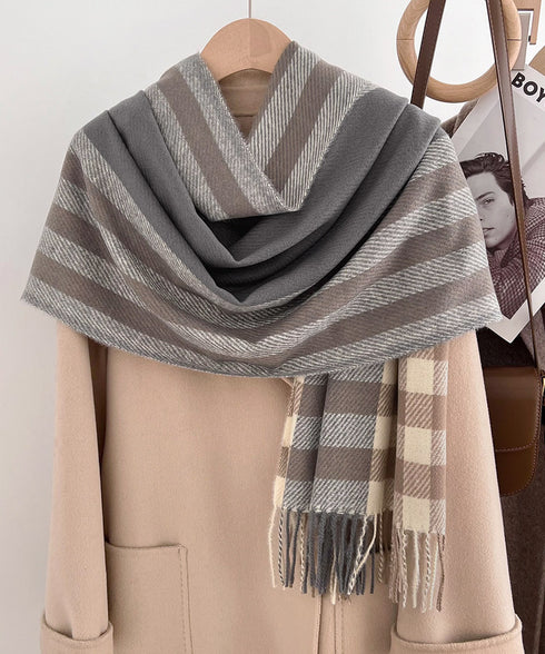チェック柄マフラーレディース大判ストール 暖かいカシミヤ風マフラー リバーシブルフリンジマフラー大人可愛い ストライプ柄ひざ掛け秋冬肩掛け ネックウォーマー韓国風 2YUEQIAO-003