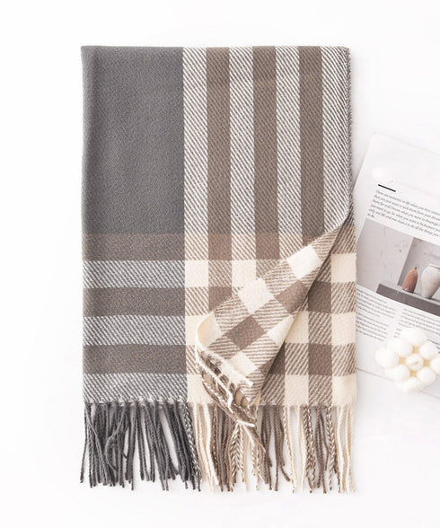 チェック柄マフラーレディース大判ストール 暖かいカシミヤ風マフラー リバーシブルフリンジマフラー大人可愛い ストライプ柄ひざ掛け秋冬肩掛け ネックウォーマー韓国風 2YUEQIAO-003