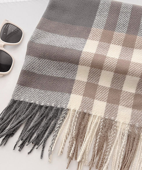 チェック柄マフラーレディース大判ストール 暖かいカシミヤ風マフラー リバーシブルフリンジマフラー大人可愛い ストライプ柄ひざ掛け秋冬肩掛け ネックウォーマー韓国風 2YUEQIAO-003