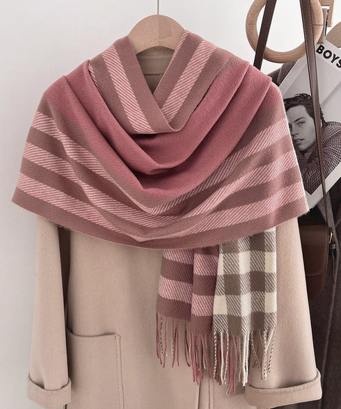 チェック柄マフラーレディース大判ストール 暖かいカシミヤ風マフラー リバーシブルフリンジマフラー大人可愛い ストライプ柄ひざ掛け秋冬肩掛け ネックウォーマー韓国風 2YUEQIAO-003