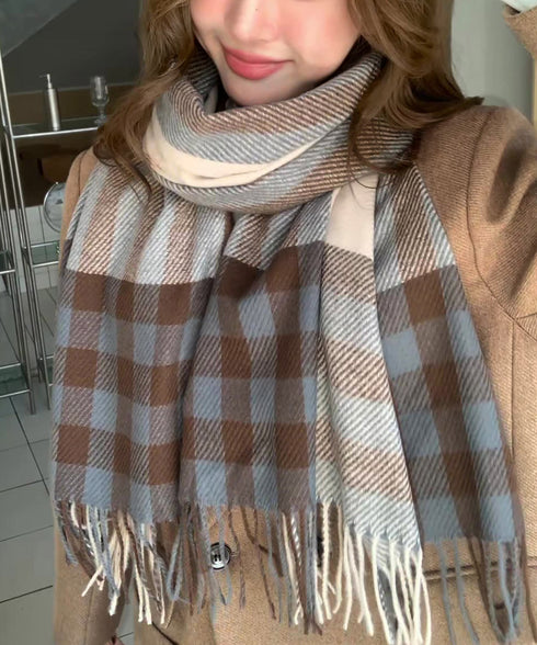 チェック柄マフラーレディース大判ストール 暖かいカシミヤ風マフラー リバーシブルフリンジマフラー大人可愛い ストライプ柄ひざ掛け秋冬肩掛け ネックウォーマー韓国風 2YUEQIAO-003