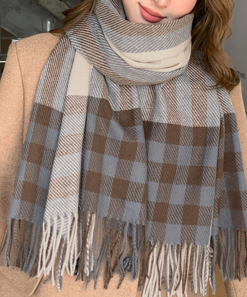 チェック柄マフラーレディース大判ストール 暖かいカシミヤ風マフラー リバーシブルフリンジマフラー大人可愛い ストライプ柄ひざ掛け秋冬肩掛け ネックウォーマー韓国風 2YUEQIAO-003
