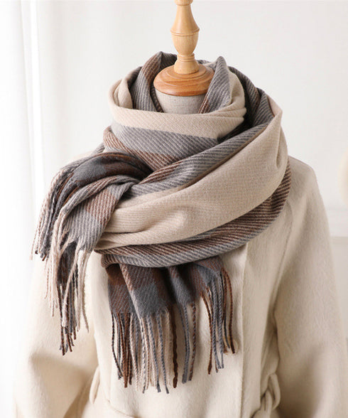 チェック柄マフラーレディース大判ストール 暖かいカシミヤ風マフラー リバーシブルフリンジマフラー大人可愛い ストライプ柄ひざ掛け秋冬肩掛け ネックウォーマー韓国風 2YUEQIAO-003