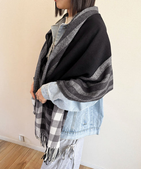 チェック柄マフラーレディース大判ストール 暖かいカシミヤ風マフラー リバーシブルフリンジマフラー大人可愛い ストライプ柄ひざ掛け秋冬肩掛け ネックウォーマー韓国風 2YUEQIAO-003