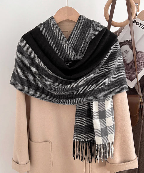 チェック柄マフラーレディース大判ストール 暖かいカシミヤ風マフラー リバーシブルフリンジマフラー大人可愛い ストライプ柄ひざ掛け秋冬肩掛け ネックウォーマー韓国風 2YUEQIAO-003