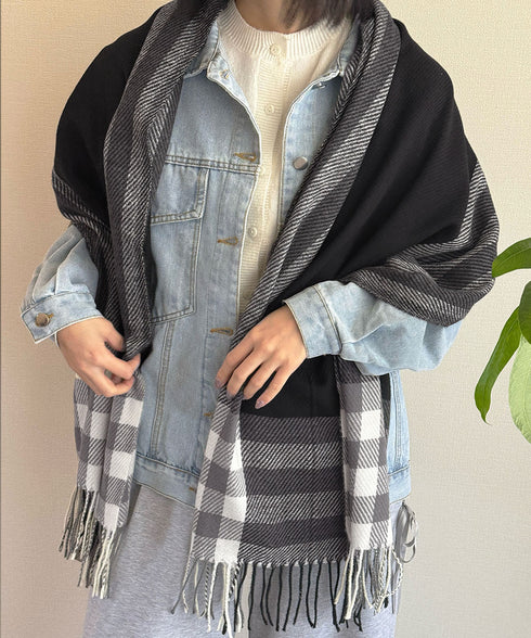 チェック柄マフラーレディース大判ストール 暖かいカシミヤ風マフラー リバーシブルフリンジマフラー大人可愛い ストライプ柄ひざ掛け秋冬肩掛け ネックウォーマー韓国風 2YUEQIAO-003