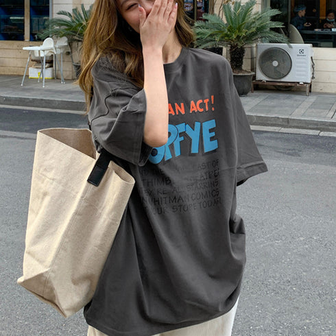 ロゴTシャツ レディース半袖ゆるtシャツ トップス ルーズ 英字ロゴ ロングTシャツ 着やせ 体型カバー プリントTシャツ 半袖 オルチャン 韓国ファッション夏服 2YUEYH-001