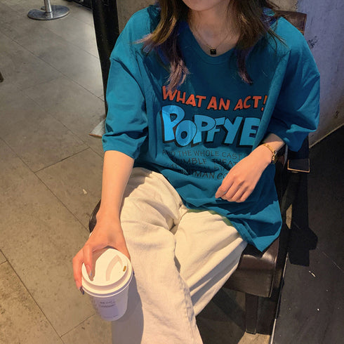 ロゴTシャツ レディース半袖ゆるtシャツ トップス ルーズ 英字ロゴ ロングTシャツ 着やせ 体型カバー プリントTシャツ 半袖 オルチャン 韓国ファッション夏服 2YUEYH-001