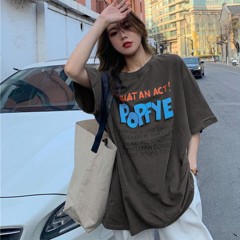 ロゴTシャツ レディース半袖ゆるtシャツ トップス ルーズ 英字ロゴ ロングTシャツ 着やせ 体型カバー プリントTシャツ 半袖 オルチャン 韓国ファッション夏服 2YUEYH-001