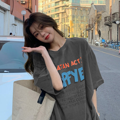 ロゴTシャツ レディース半袖ゆるtシャツ トップス ルーズ 英字ロゴ ロングTシャツ 着やせ 体型カバー プリントTシャツ 半袖 オルチャン 韓国ファッション夏服 2YUEYH-001
