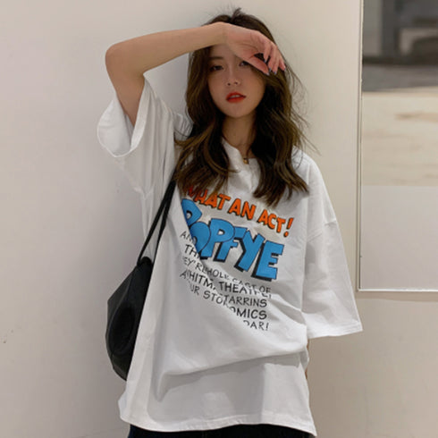 ロゴTシャツ レディース半袖ゆるtシャツ トップス ルーズ 英字ロゴ ロングTシャツ 着やせ 体型カバー プリントTシャツ 半袖 オルチャン 韓国ファッション夏服 2YUEYH-001