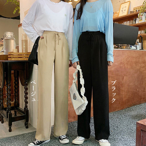 ストレートパンツ 美脚 セミワイドパンツ レディース ハイウエスト スーツパンツ 通勤 OL オフィス ロングパンツ 薄手ウエスト紐調節 ボトムス 春秋夏きれいめ 2YUEYH-009
